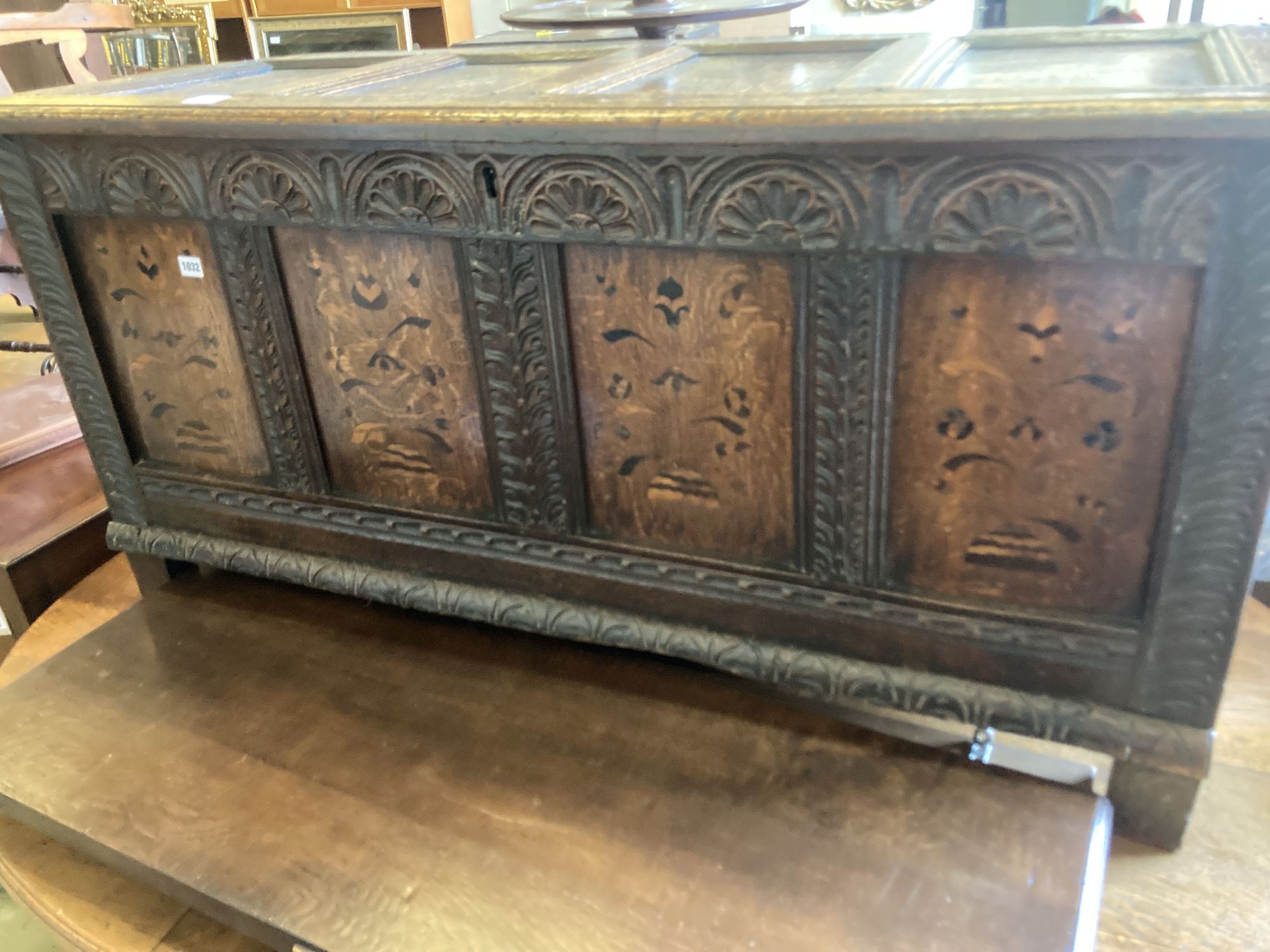 A late 17th century oak and marquetry coffer, length 141cm, depth 54cm, height 72cm